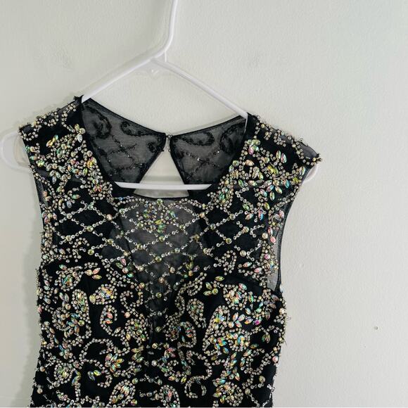 NWT Milano Formals Black Silver Beaded Mesh Keyhole Open Back Formal Prom 10 - Picture 3 of 12